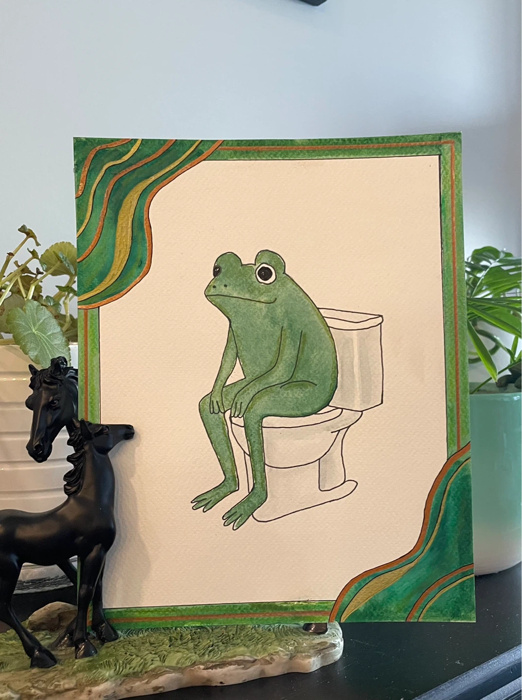 Watercolor Funny Frog on Toilet