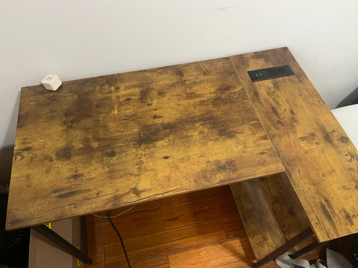 Rustic Brown L-Shaped Desk with Built-in Outlet