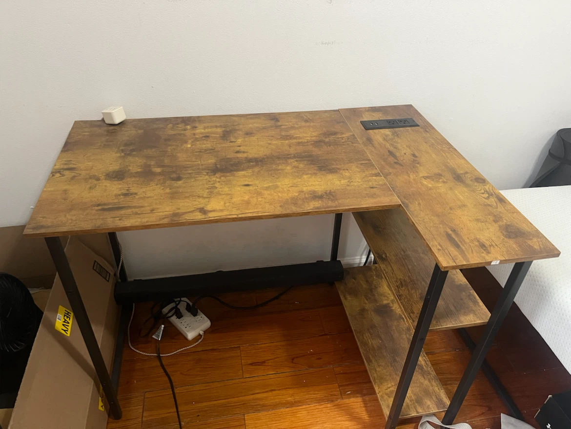 Rustic Brown L-Shaped Desk with Built-in Outlet - photo 2