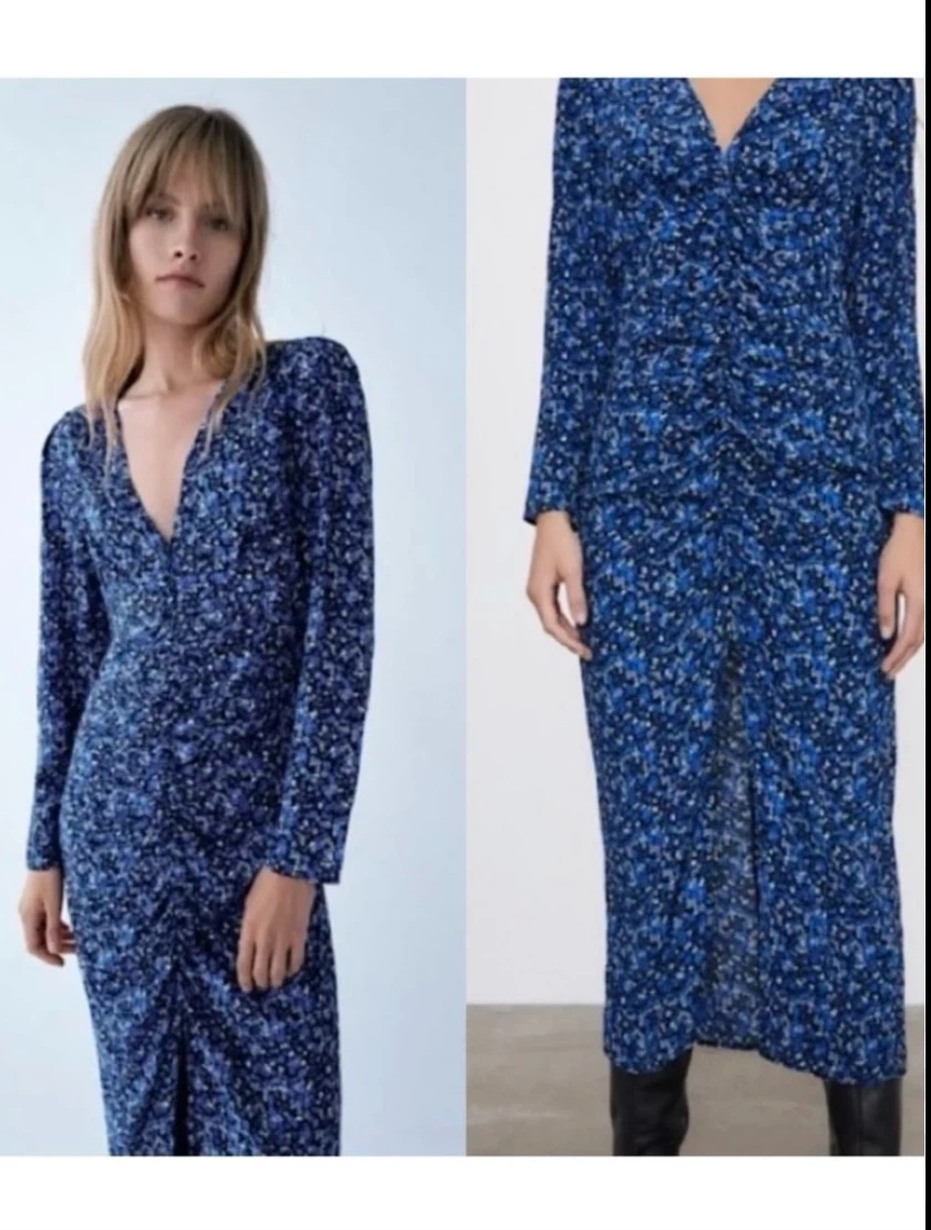 Zara Blue Floral Ruched Midi Dress