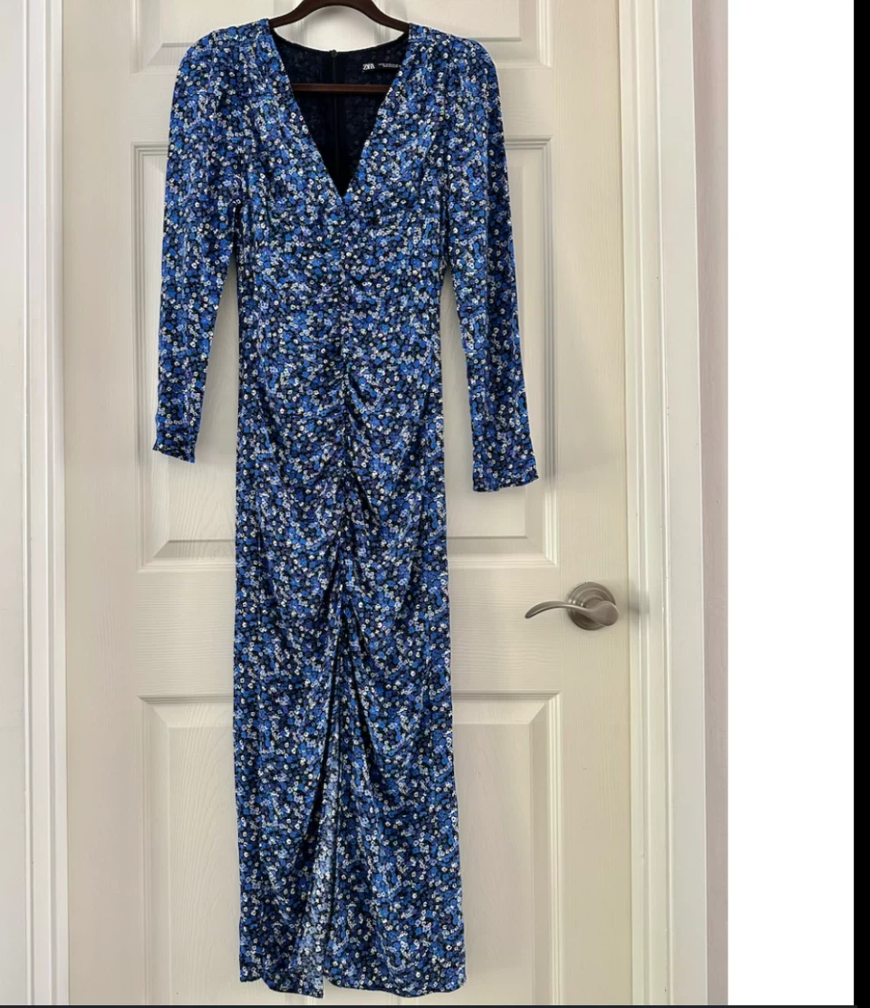 Zara Blue Floral Ruched Midi Dress - photo 2