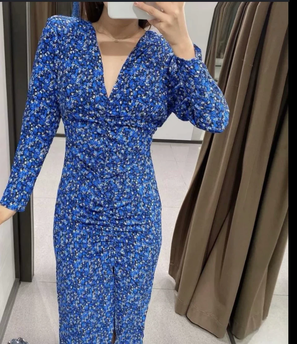 Zara Blue Floral Ruched Midi Dress - photo 3