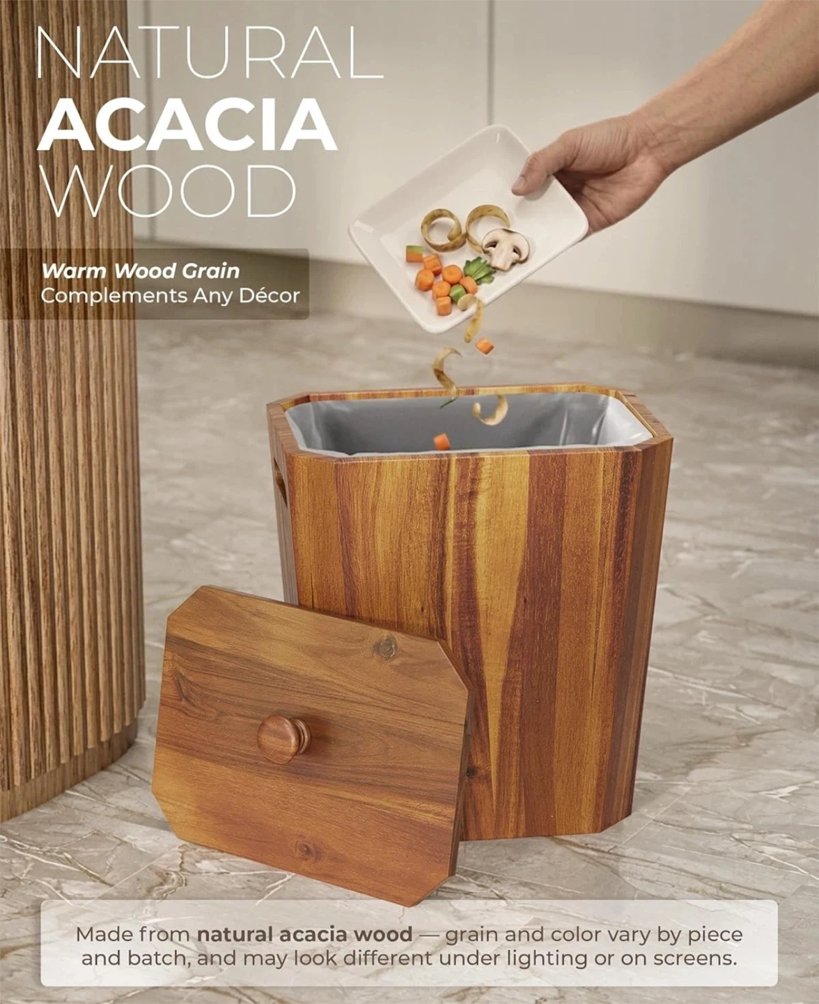 Acacia Wood Wastebasket with Lid - photo 2