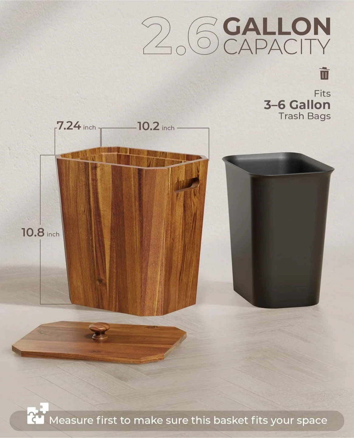 Acacia Wood Wastebasket with Lid - photo 3