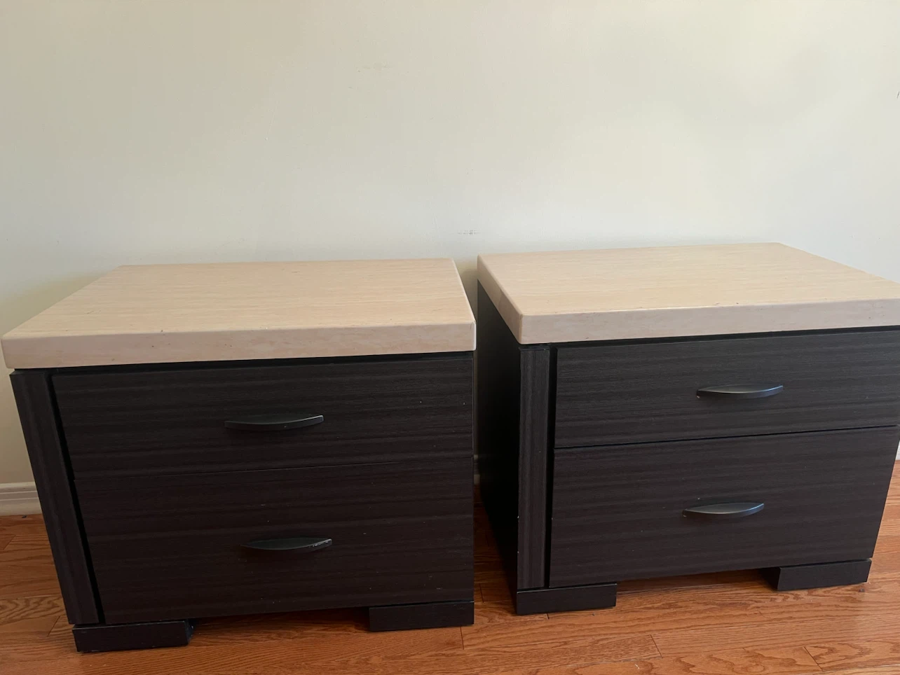 Set of 2 Dark Wood Nightstands with Travertine Tops