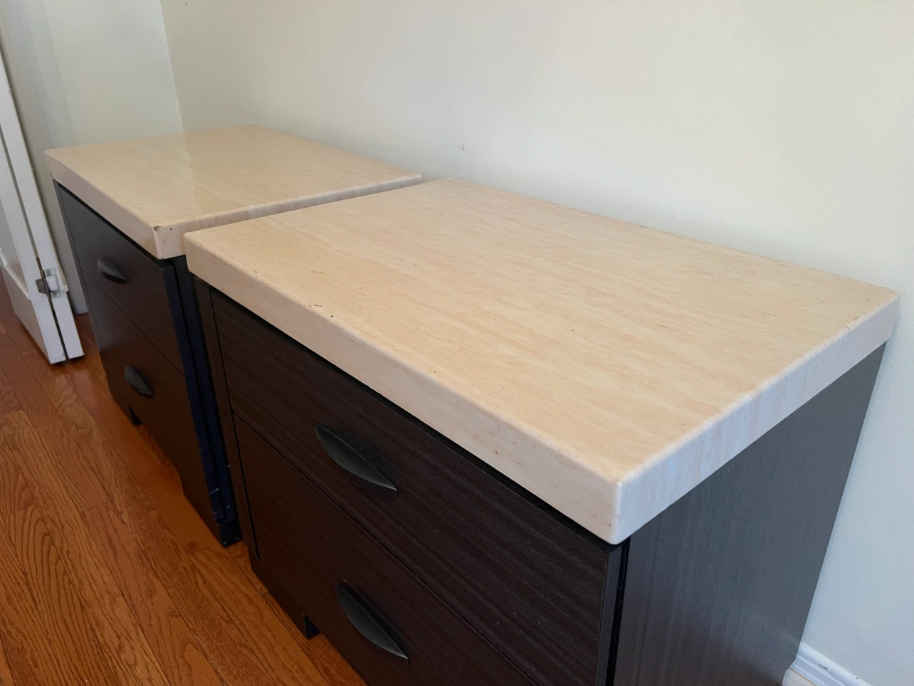 Set of 2 Dark Wood Nightstands with Travertine Tops - photo 3