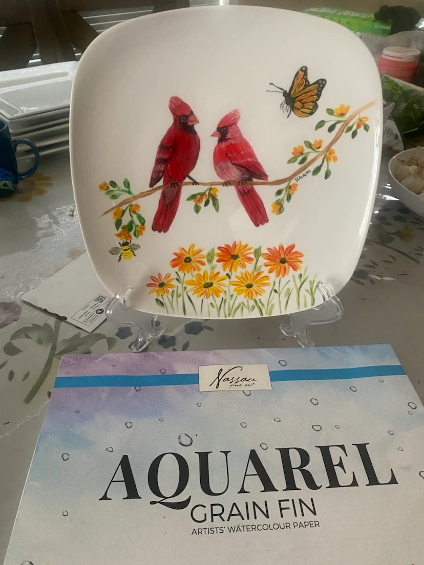 Decorative Plate with Cardinals and Flowers