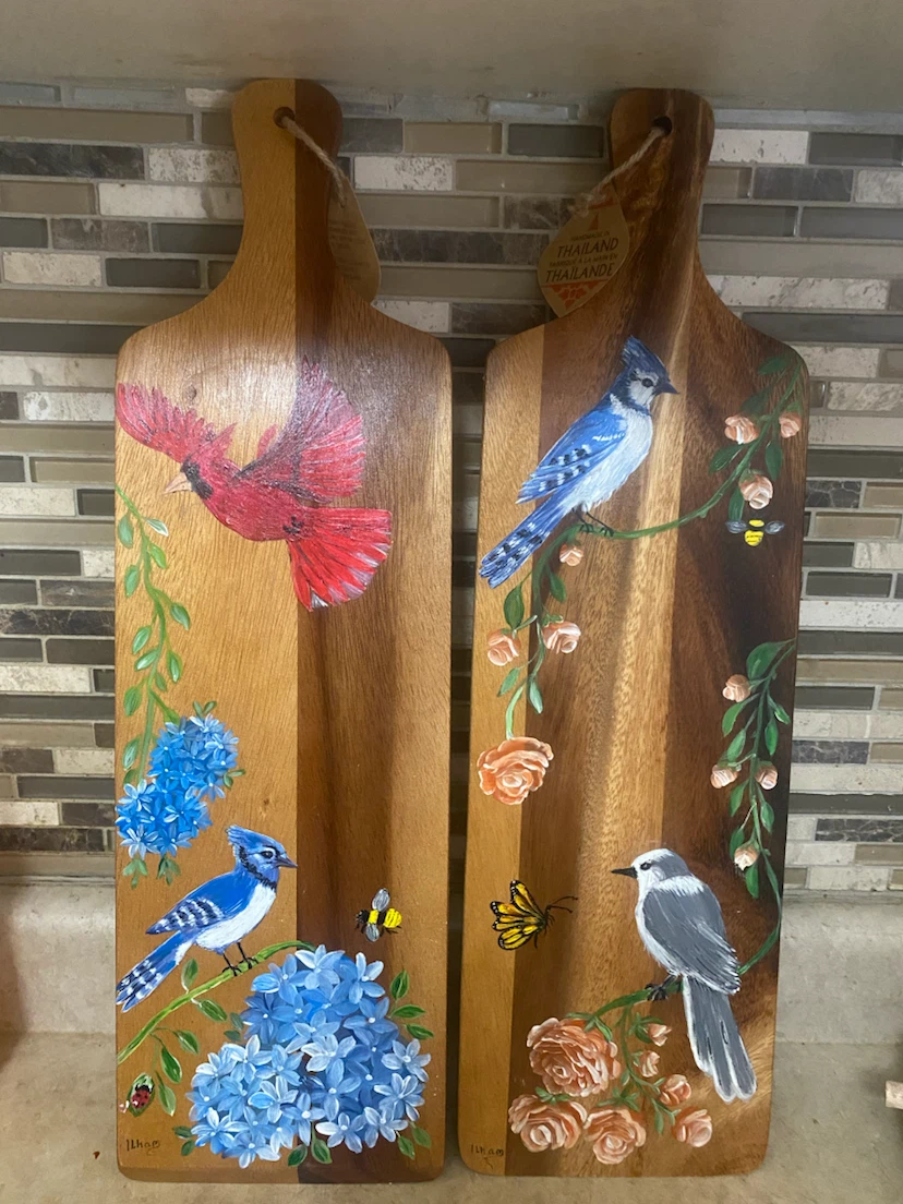 Hand-Painted Wooden Serving Boards with Birds (Set of 2)