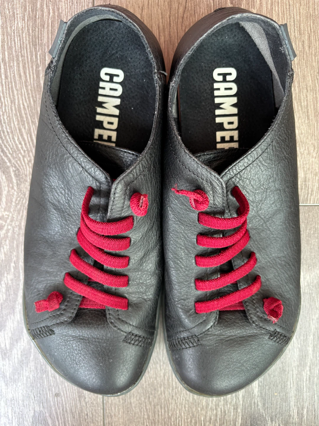 Camper Classic Black Leather Shoes with Red Laces