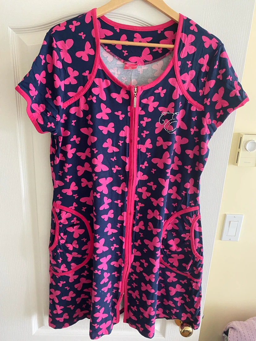 Navy Blue Butterfly Print Zipper Robe Dress Size XL