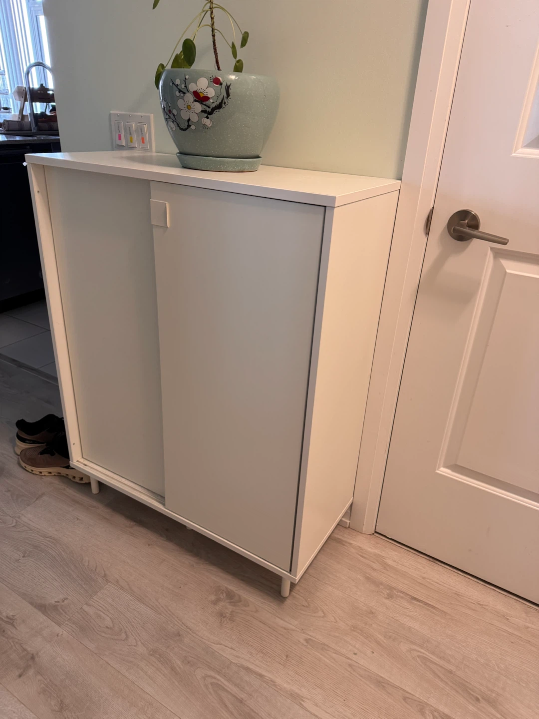 White Two-Door Shoe Cabinet with Sliding Doors