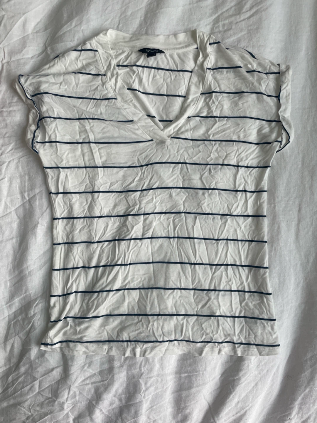 White & Navy Striped V-Neck T-Shirt