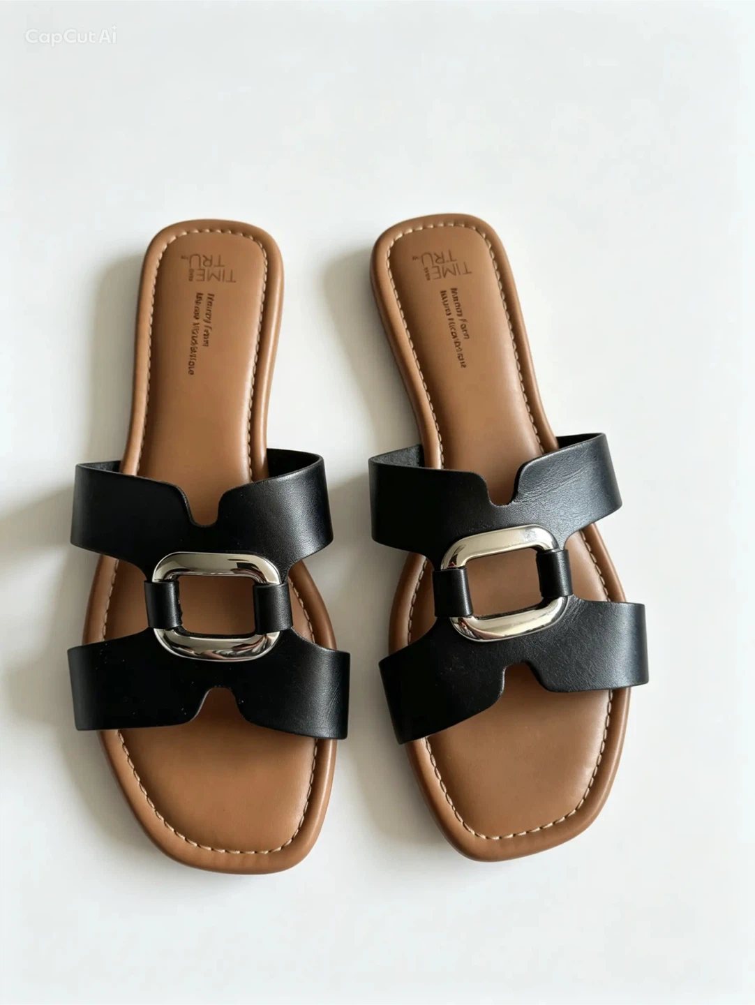 Time and Tru Black Slide Sandals with Silver Buckle Size 10