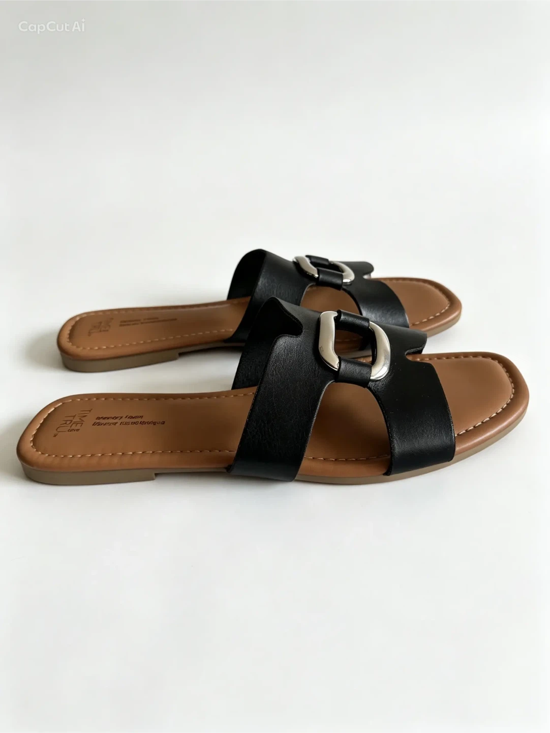 Time and Tru Black Slide Sandals with Silver Buckle Size 10 - photo 2