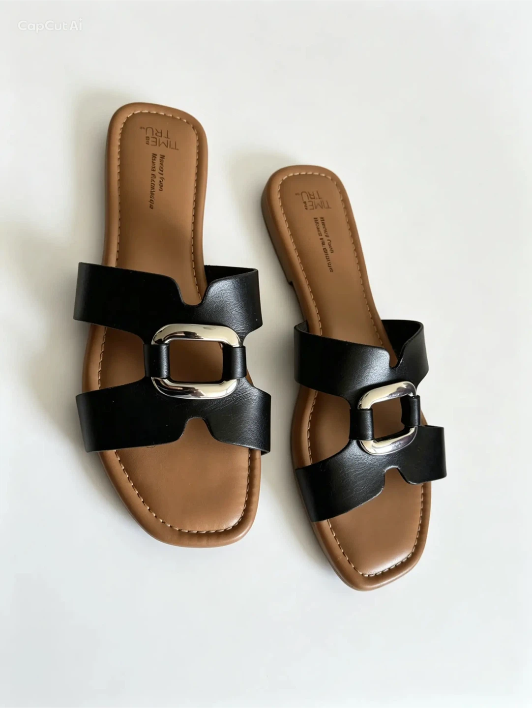 Time and Tru Black Slide Sandals with Silver Buckle Size 10 - photo 3