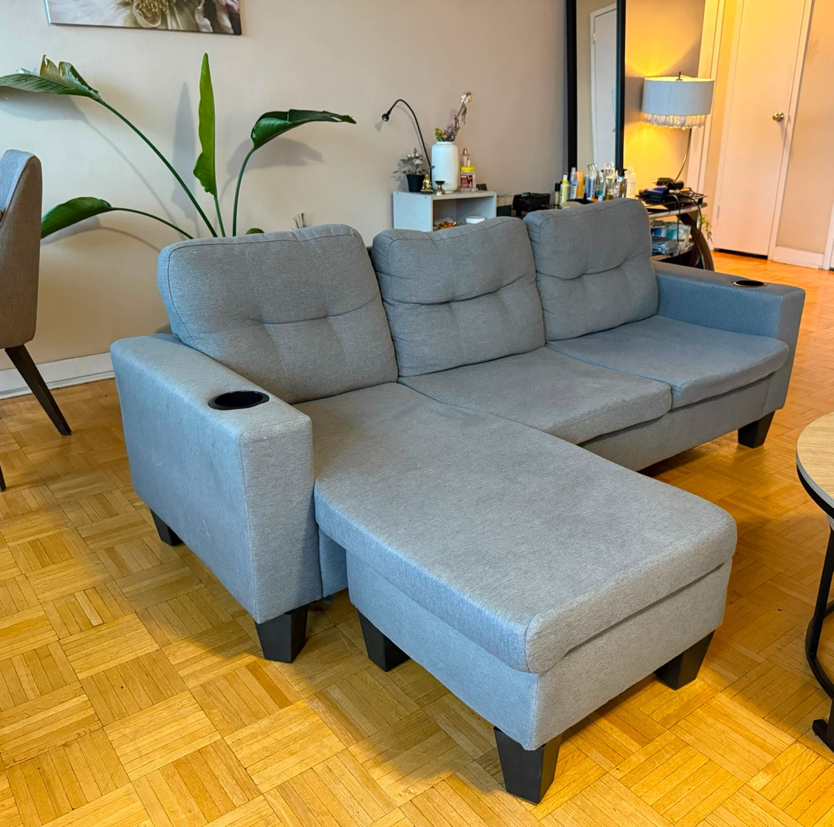 Grey Sectional Sofa with Chaise and Cup Holders