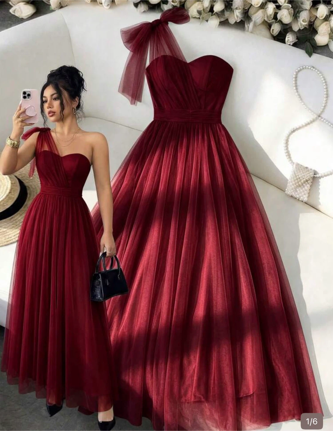 Burgundy Tulle One-Shoulder Gown