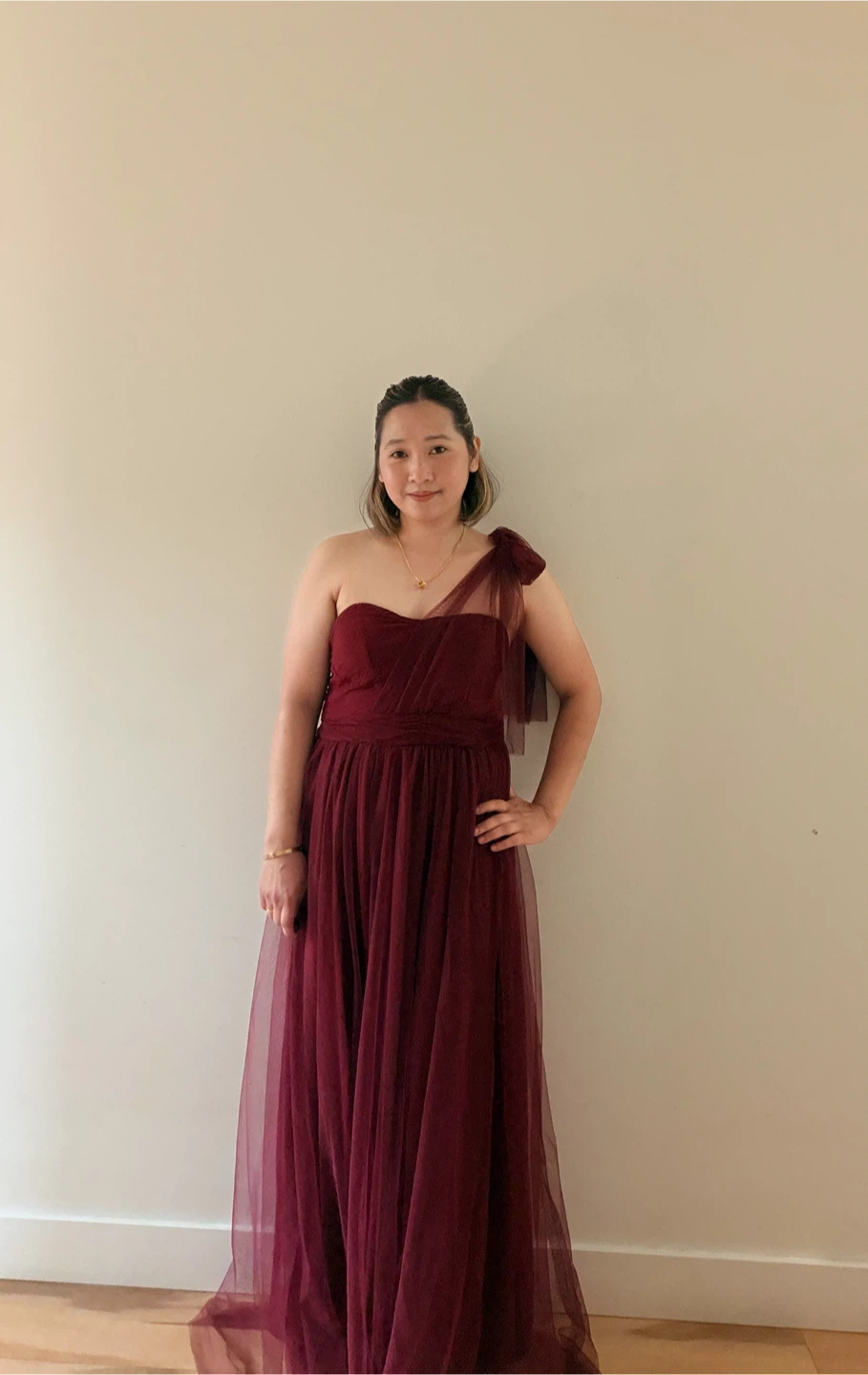 Burgundy Tulle One-Shoulder Gown - photo 4