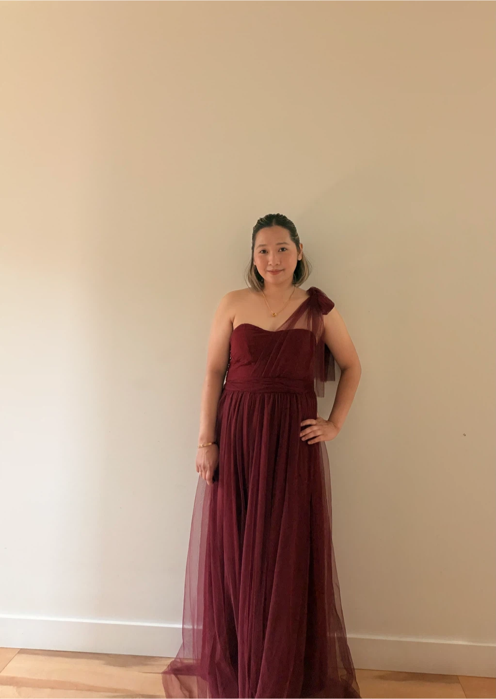 Burgundy Tulle One-Shoulder Gown - photo 5