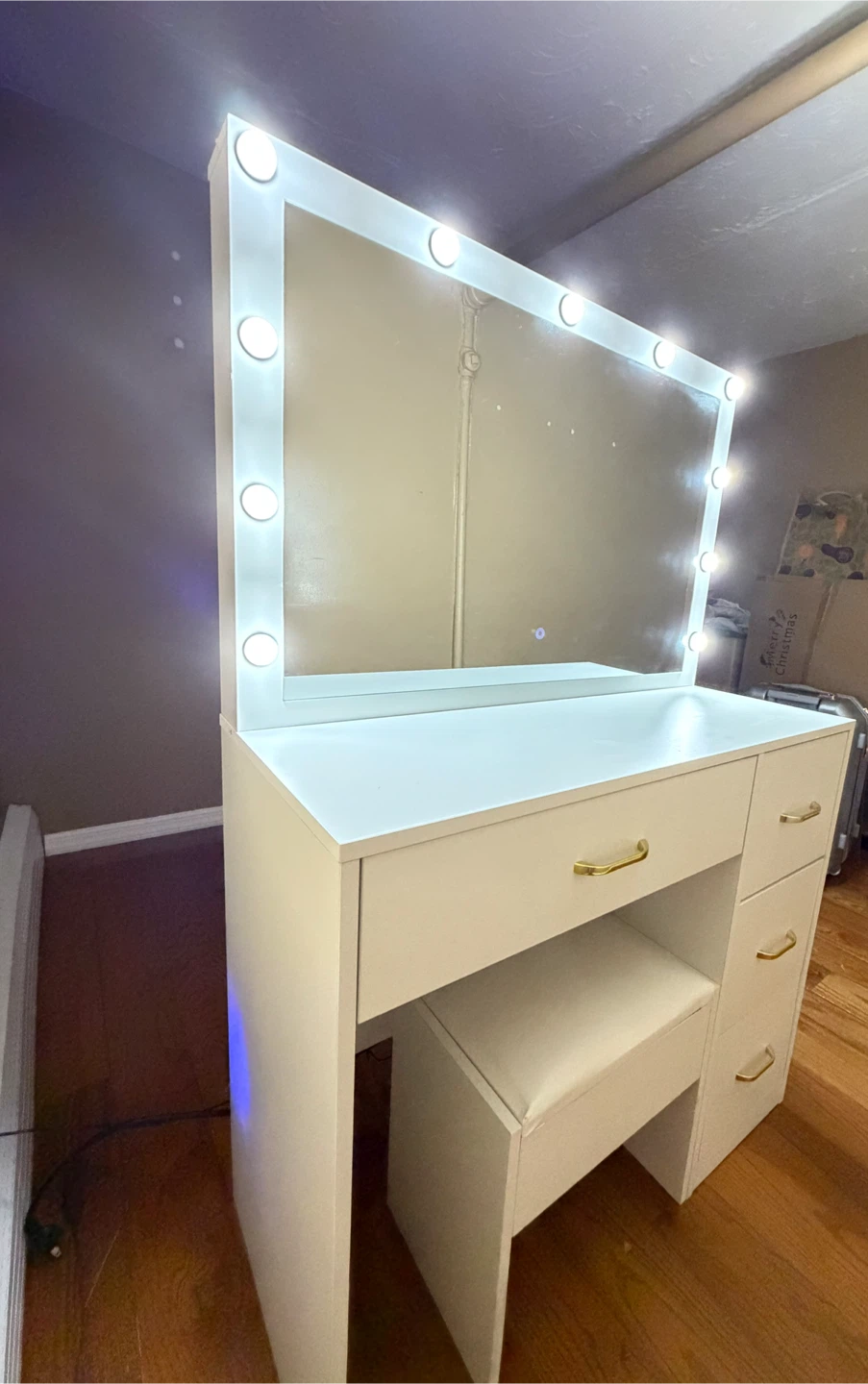 White Vanity Makeup Table with Lighted Mirror and Stool