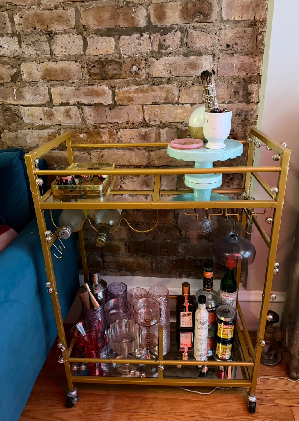 Gold Metal Bar Cart with Mirrored Shelves