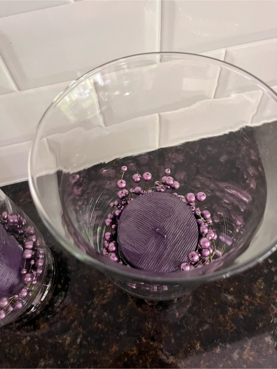Glass Candle Holder with Purple Candle and Beads