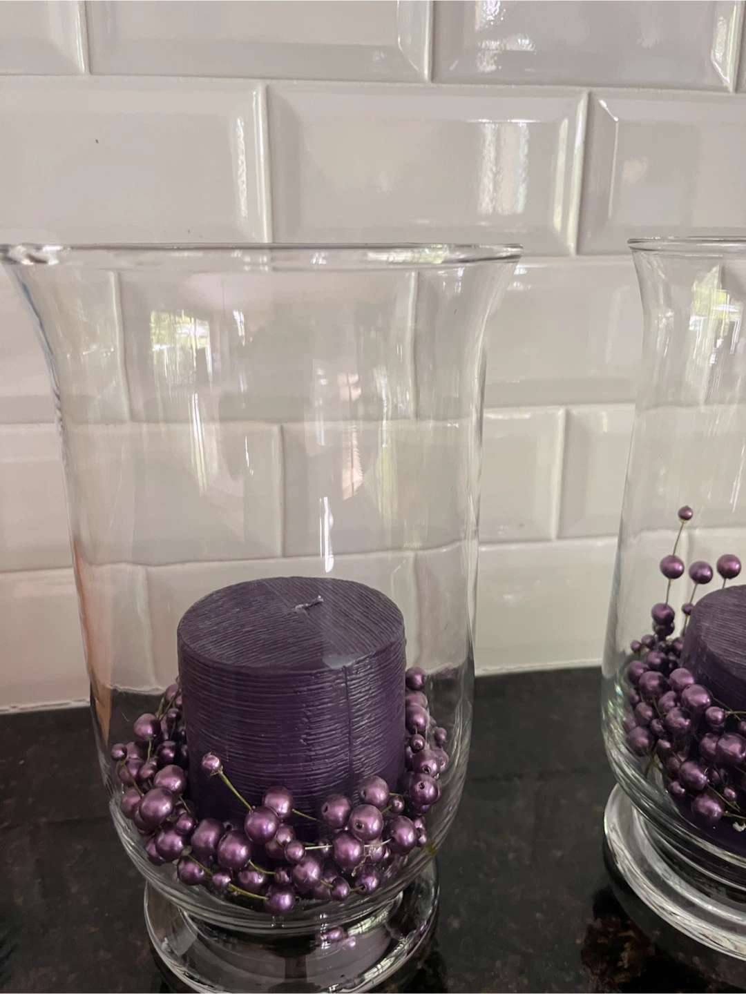 Glass Candle Holder with Purple Candle and Beads - photo 2