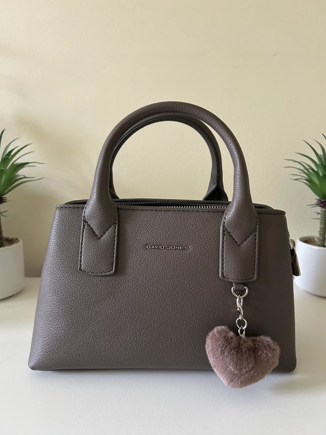 DAVID JONES taupe handbag with fuzzy heart charm