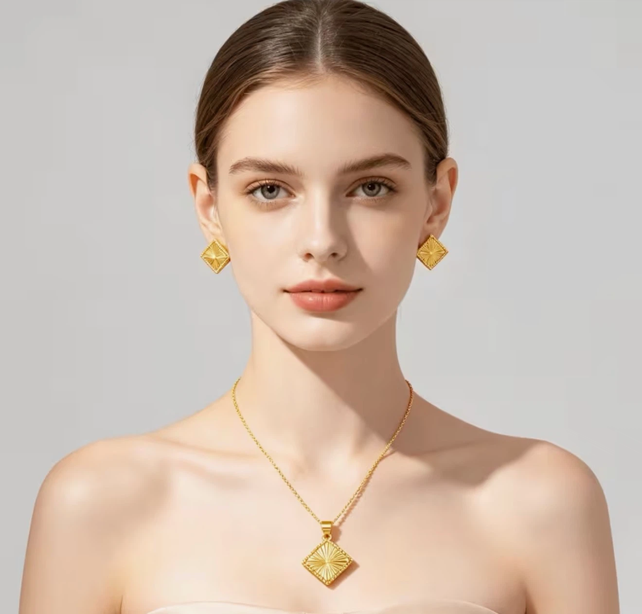 Gold Diamond Cut Square Pendant Necklace and Earring Set - photo 2
