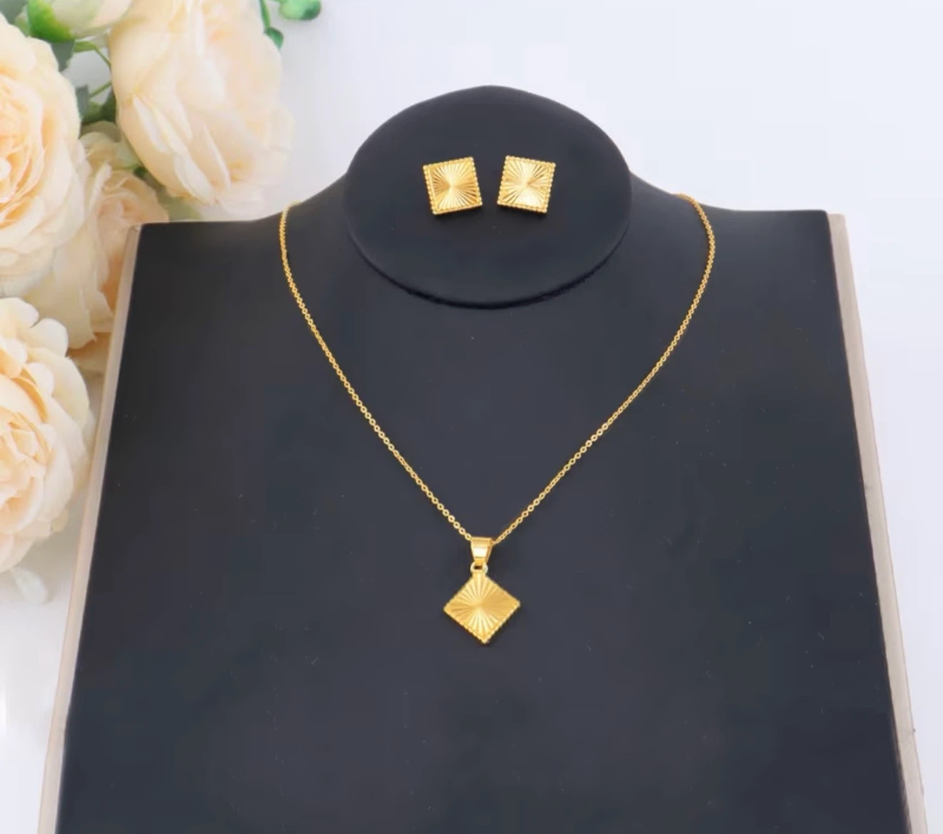 Gold Diamond Cut Square Pendant Necklace and Earring Set - photo 3