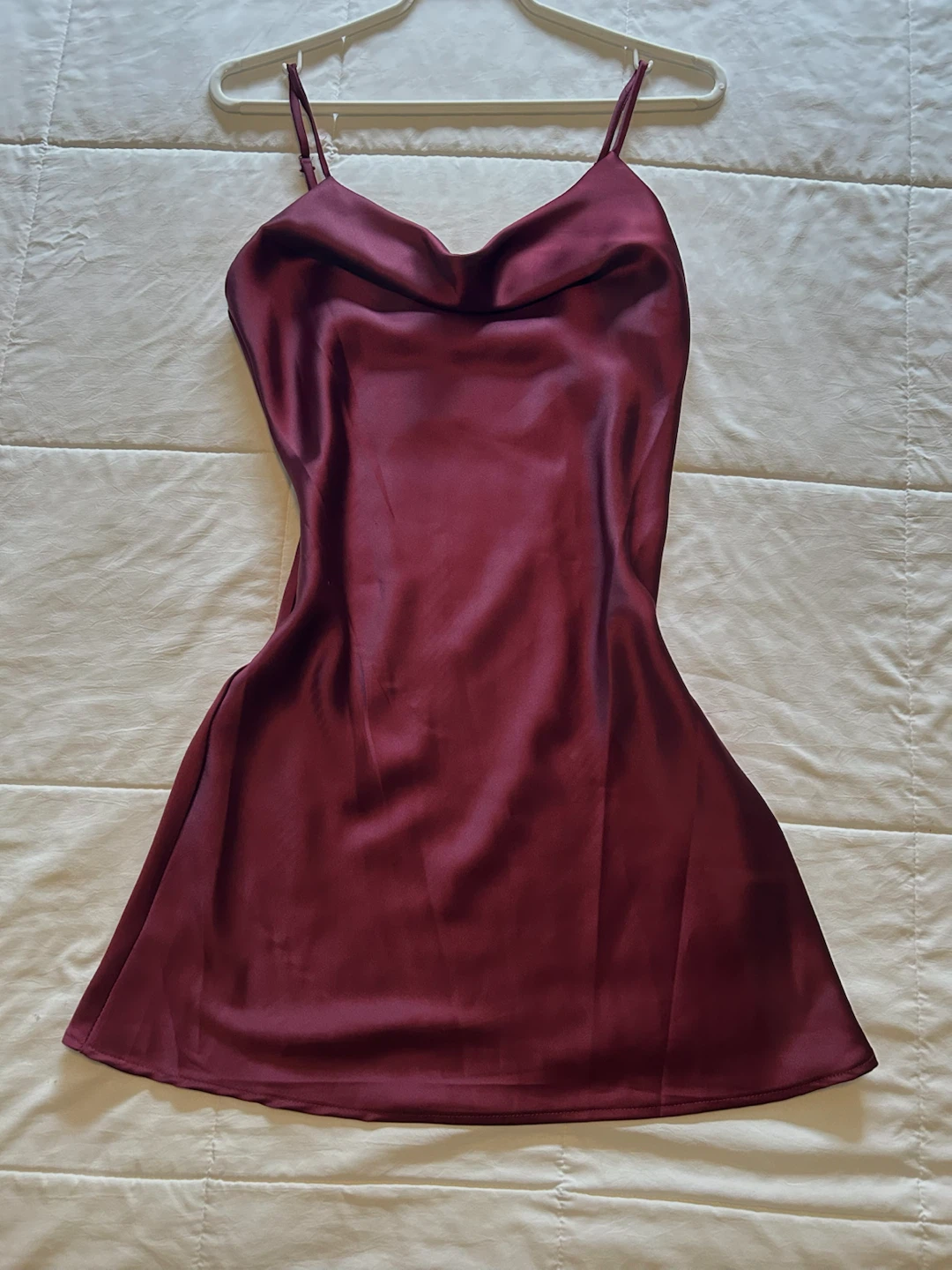 Burgundy satin cami dress with cowl neckline