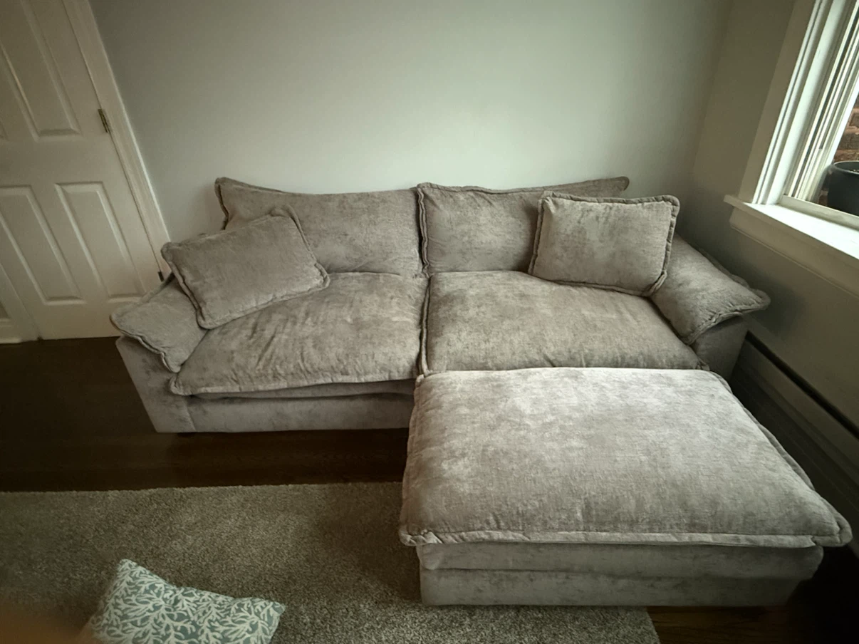 Light Gray Plush Sofa with Ottoman