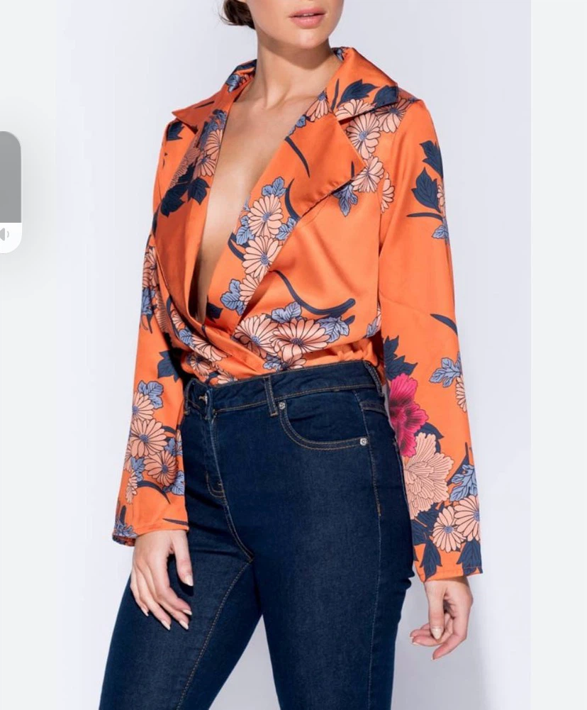 Orange Floral Print Long Sleeve Bodysuit
