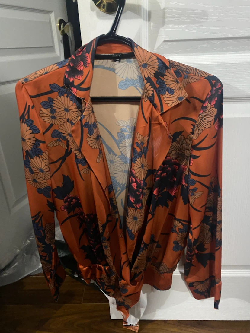 Orange Floral Print Long Sleeve Bodysuit - photo 3
