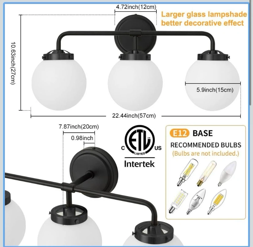 New 3 Light Bathroom Vanity Light Black - photo 2