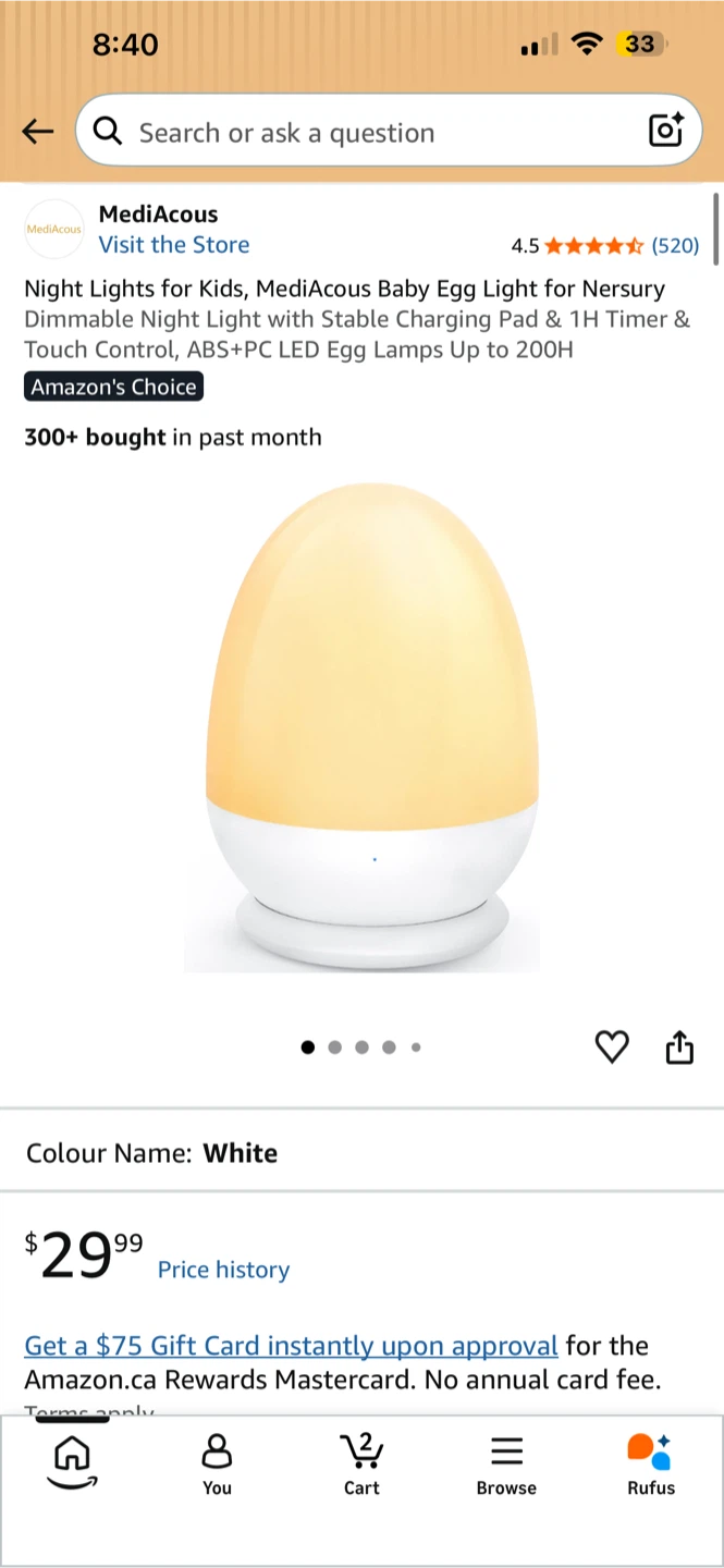 BNIB MediAcous Baby Egg Night Light - White