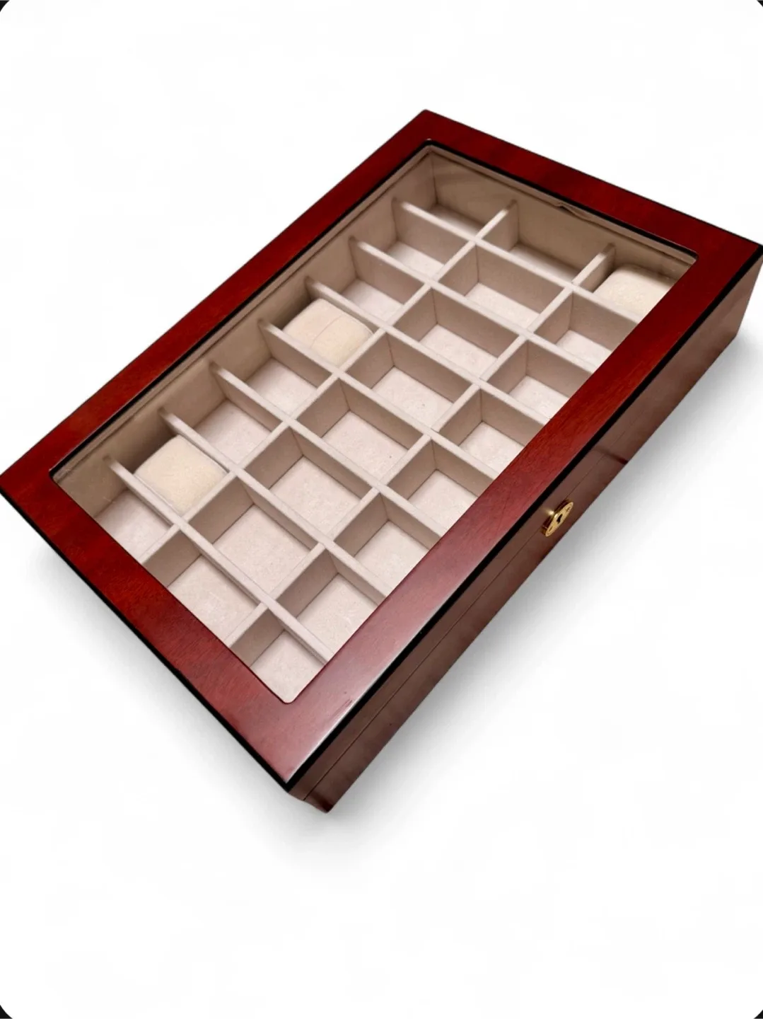 RARE Mahogany Wood 24-Slot Watch Jewelry Display Box Glass Top