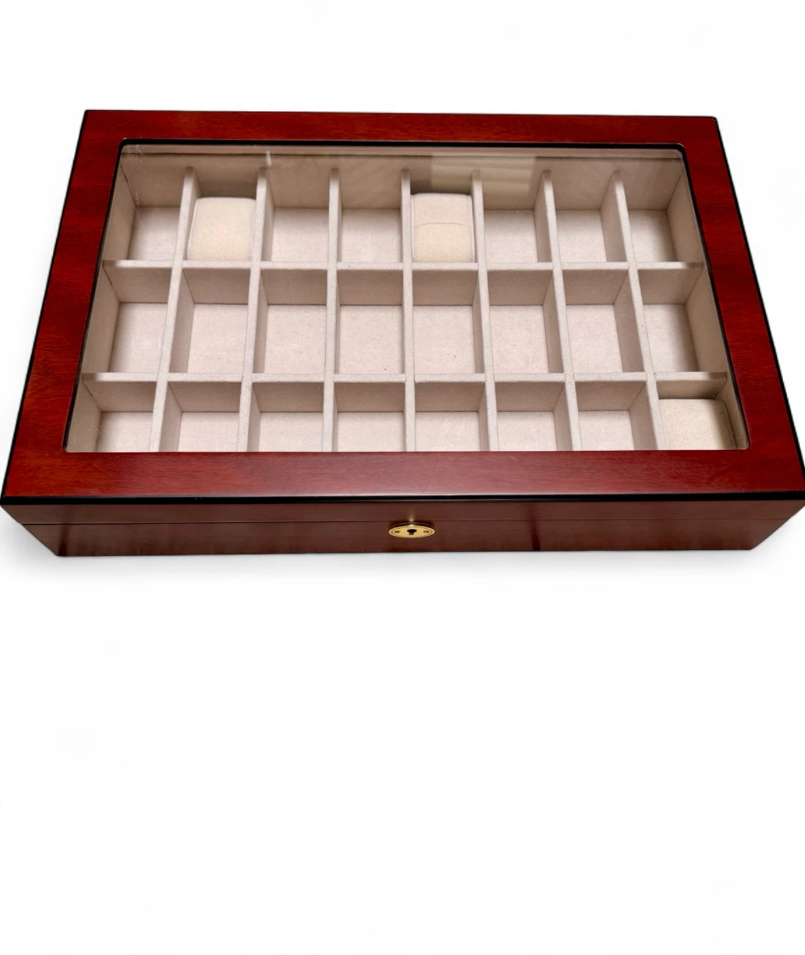 RARE Mahogany Wood 24-Slot Watch Jewelry Display Box Glass Top - photo 2