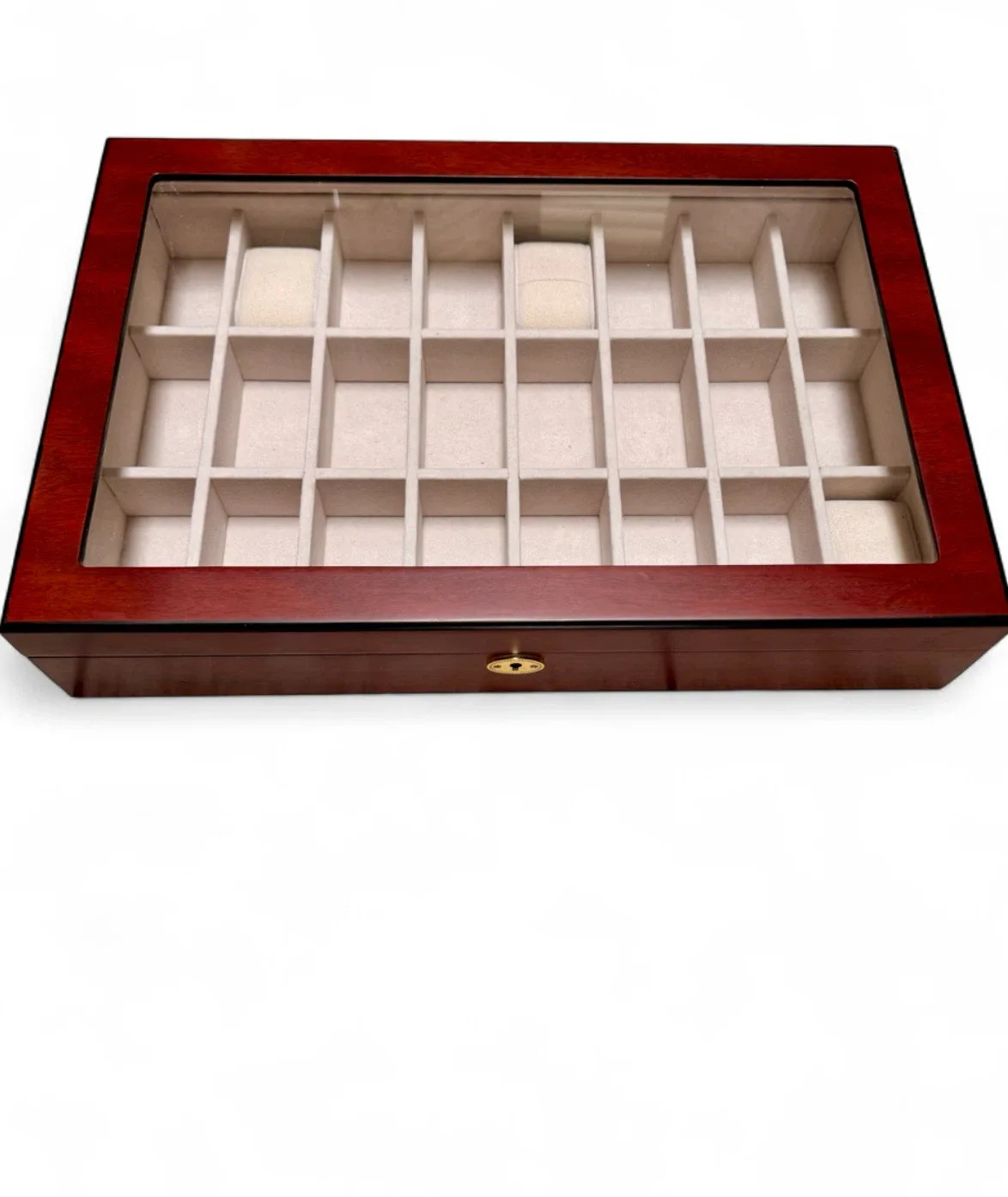 RARE Mahogany Wood 24-Slot Watch Jewelry Display Box Glass Top - photo 2