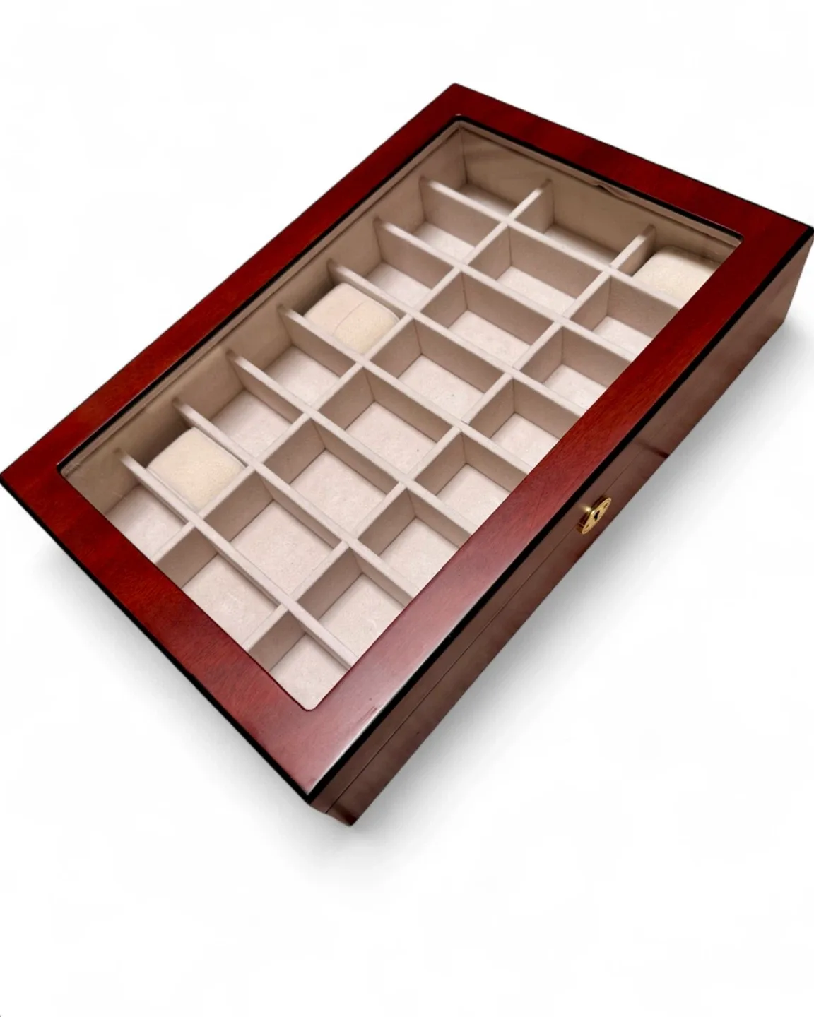 RARE Mahogany Wood 24-Slot Watch Jewelry Display Box Glass Top - photo 3