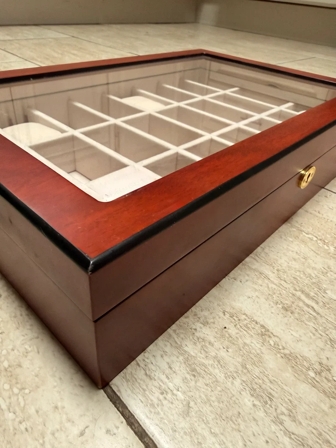 RARE Mahogany Wood 24-Slot Watch Jewelry Display Box Glass Top - photo 5