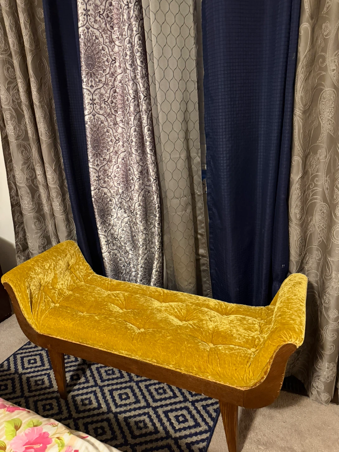 Mustard Velvet Tufted Chaise Bench