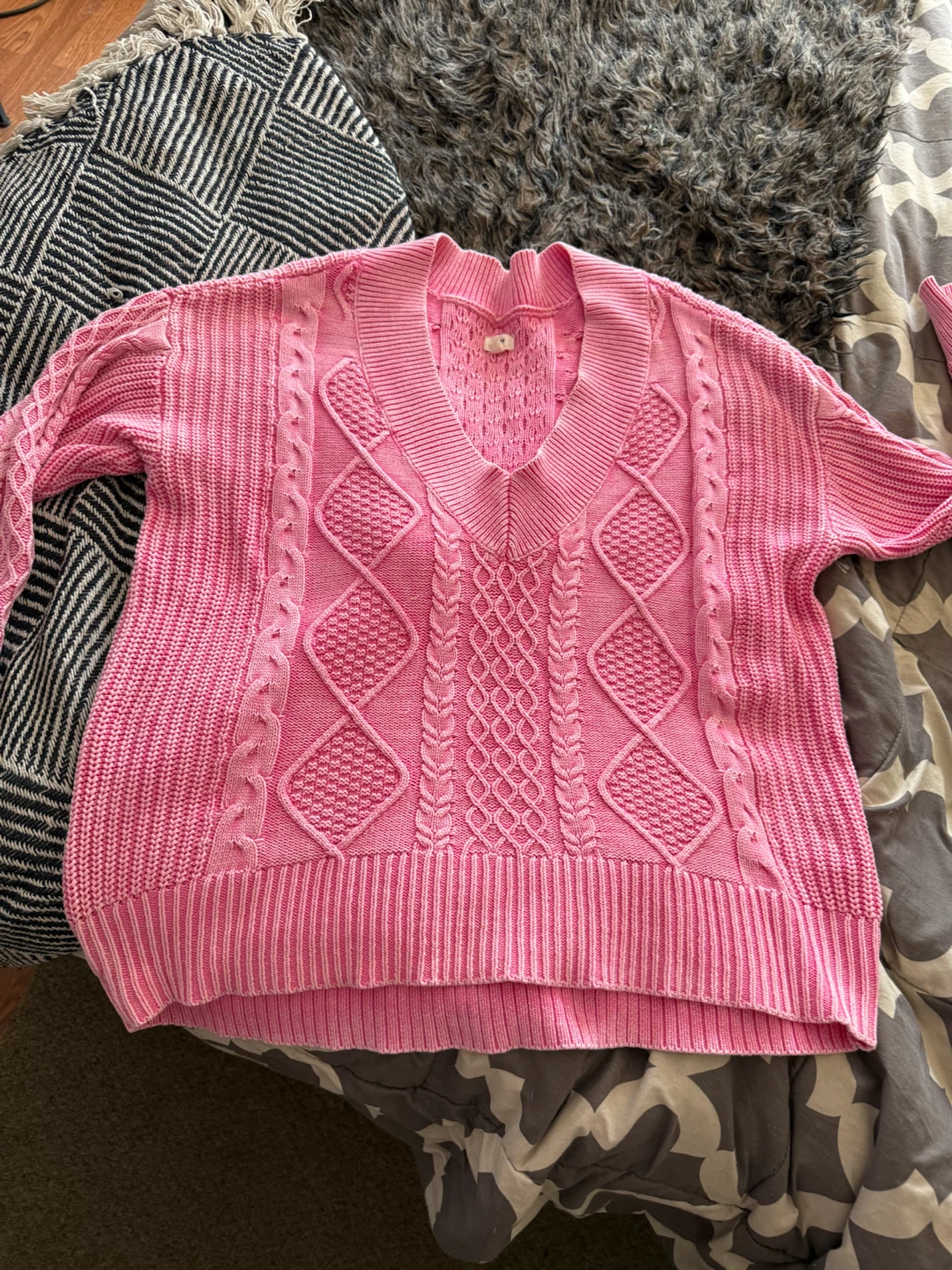 Pink Cable Knit V-Neck Sweater
