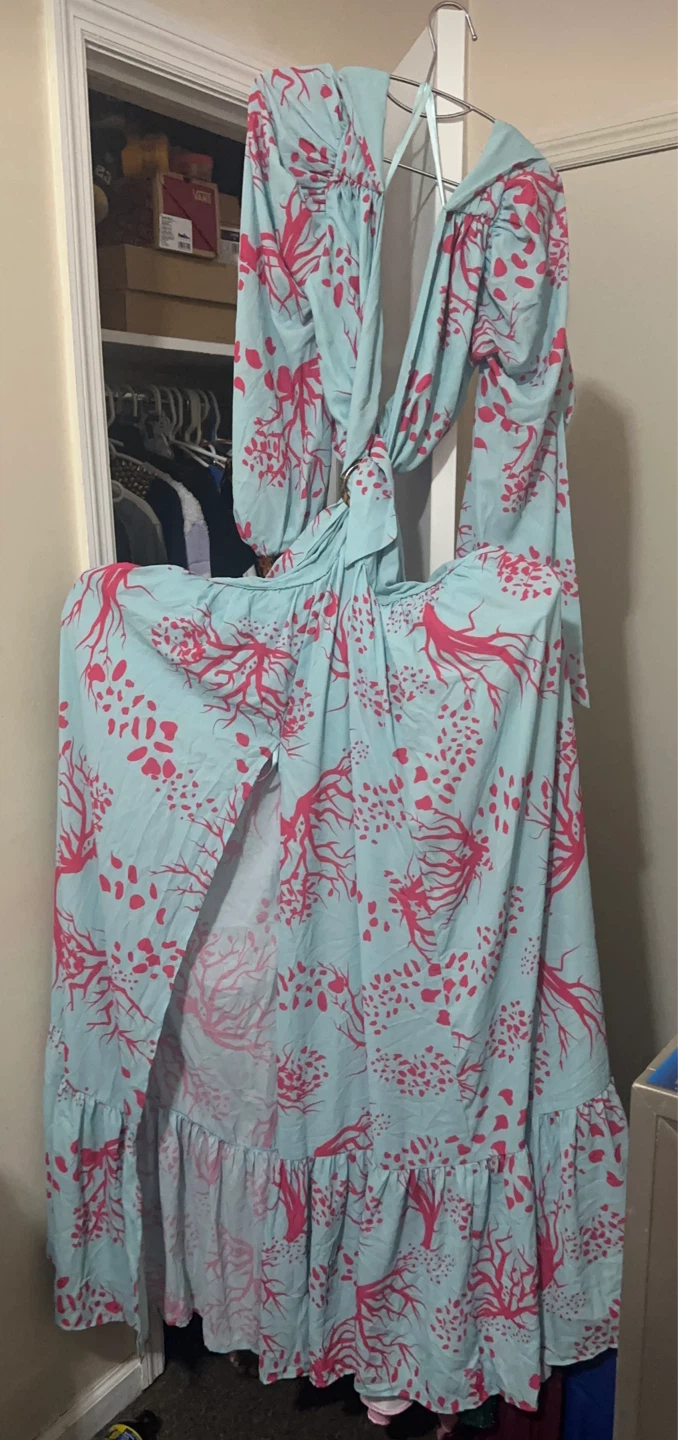 Light Blue Maxi Dress with Pink Coral Print
