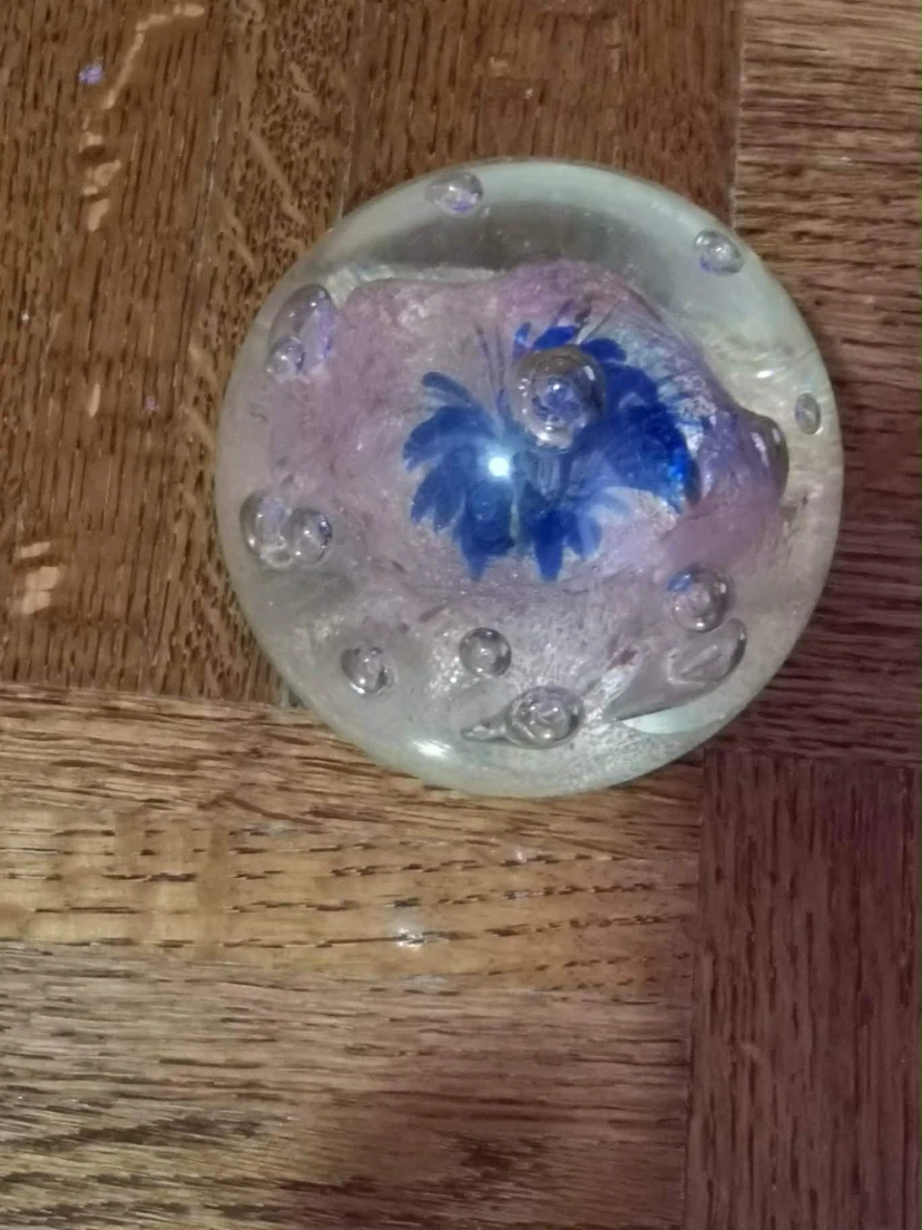 Glass Paperweight with Blue Flower