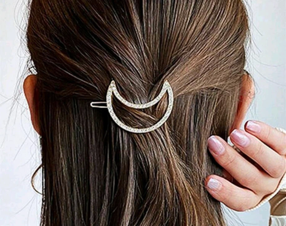 Gold Crescent Moon Hair Clip with Rhinestones
