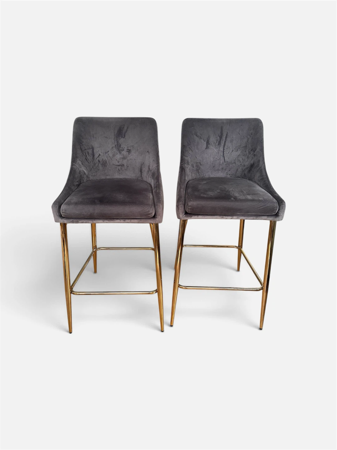 Gray Velvet Bar Stools with Gold Legs (Set of 2)