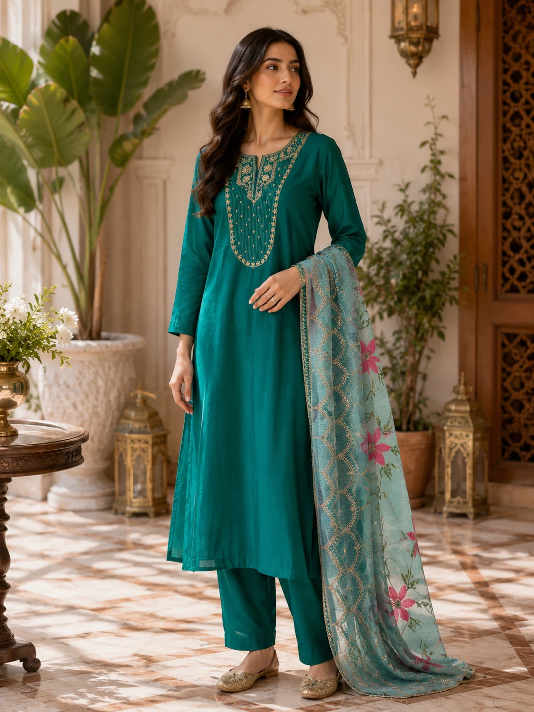 Teal Embroidered Kurti with Dupatta