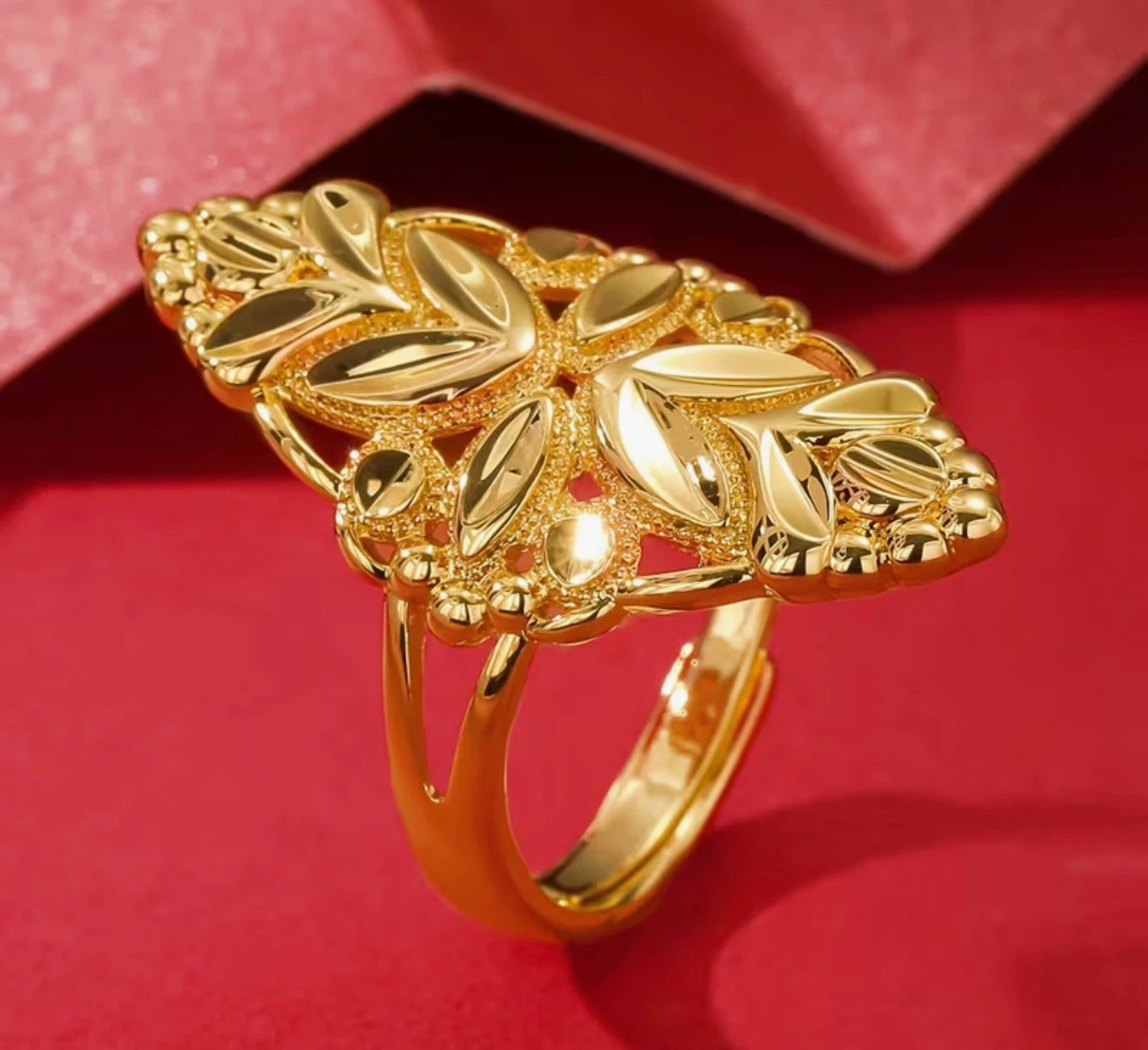 Gold Toned Statement Ring with Floral Design