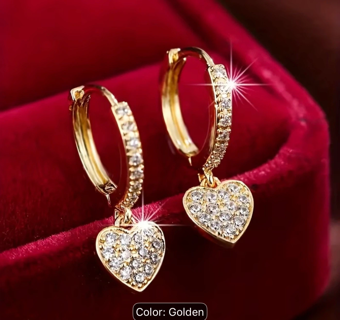 Gold Heart Drop Earrings with Crystals